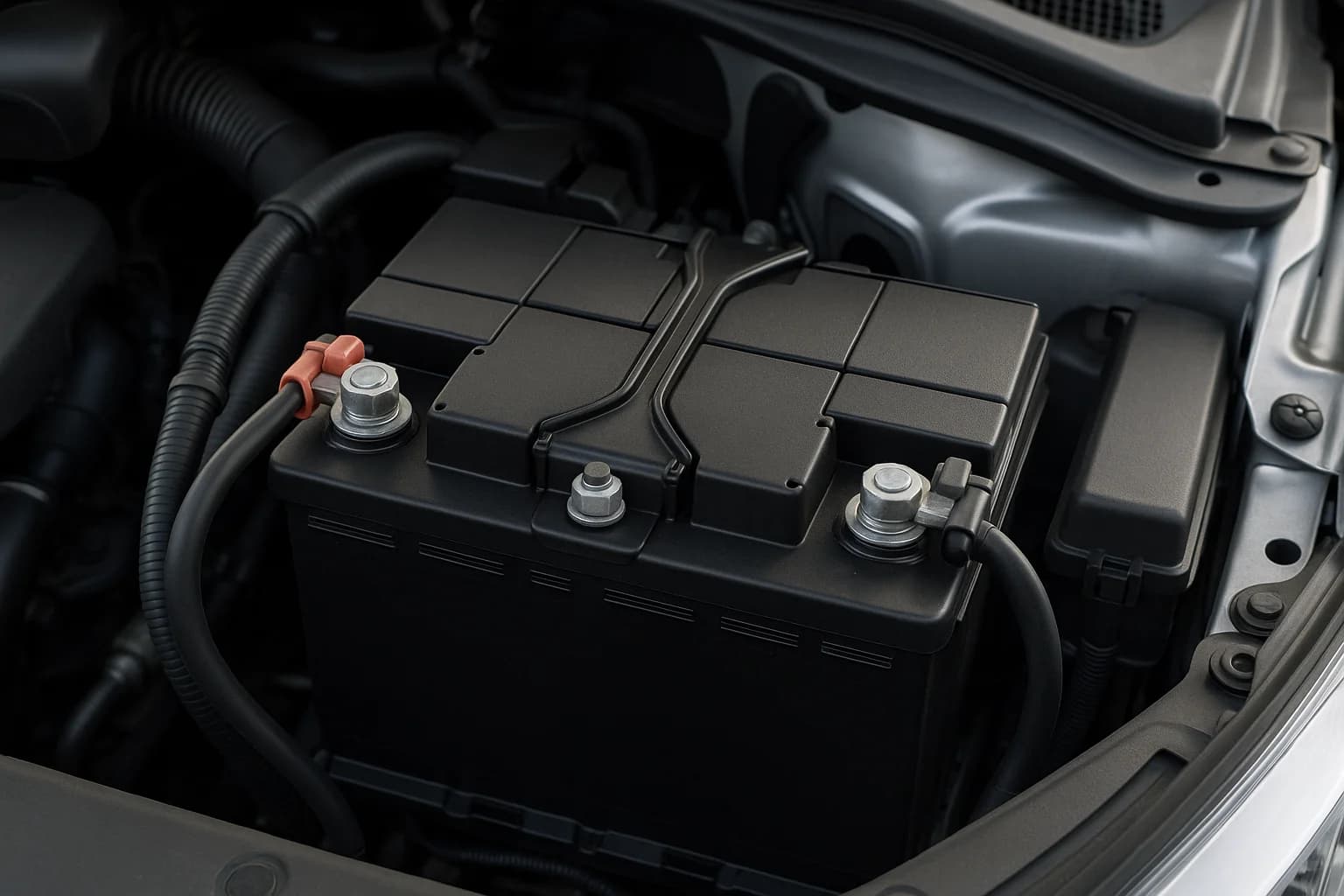 Motor bölmesindeki araç aküsü ve kutup başları