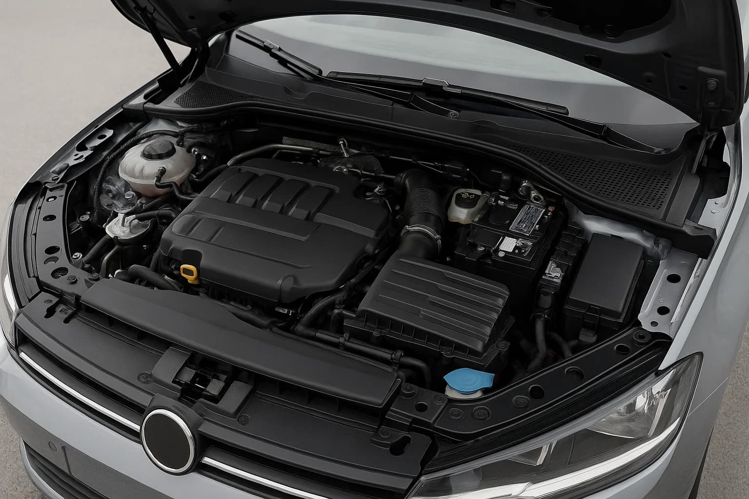 Kaputu açık bir otomobilin motor bölmesinin genel görünümü